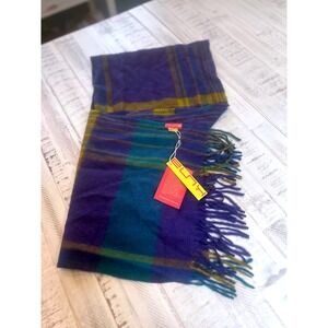 KUNA 100 Baby‎ Alpaca Plaid Fringe Scarf Blue Green Yellow Luxury